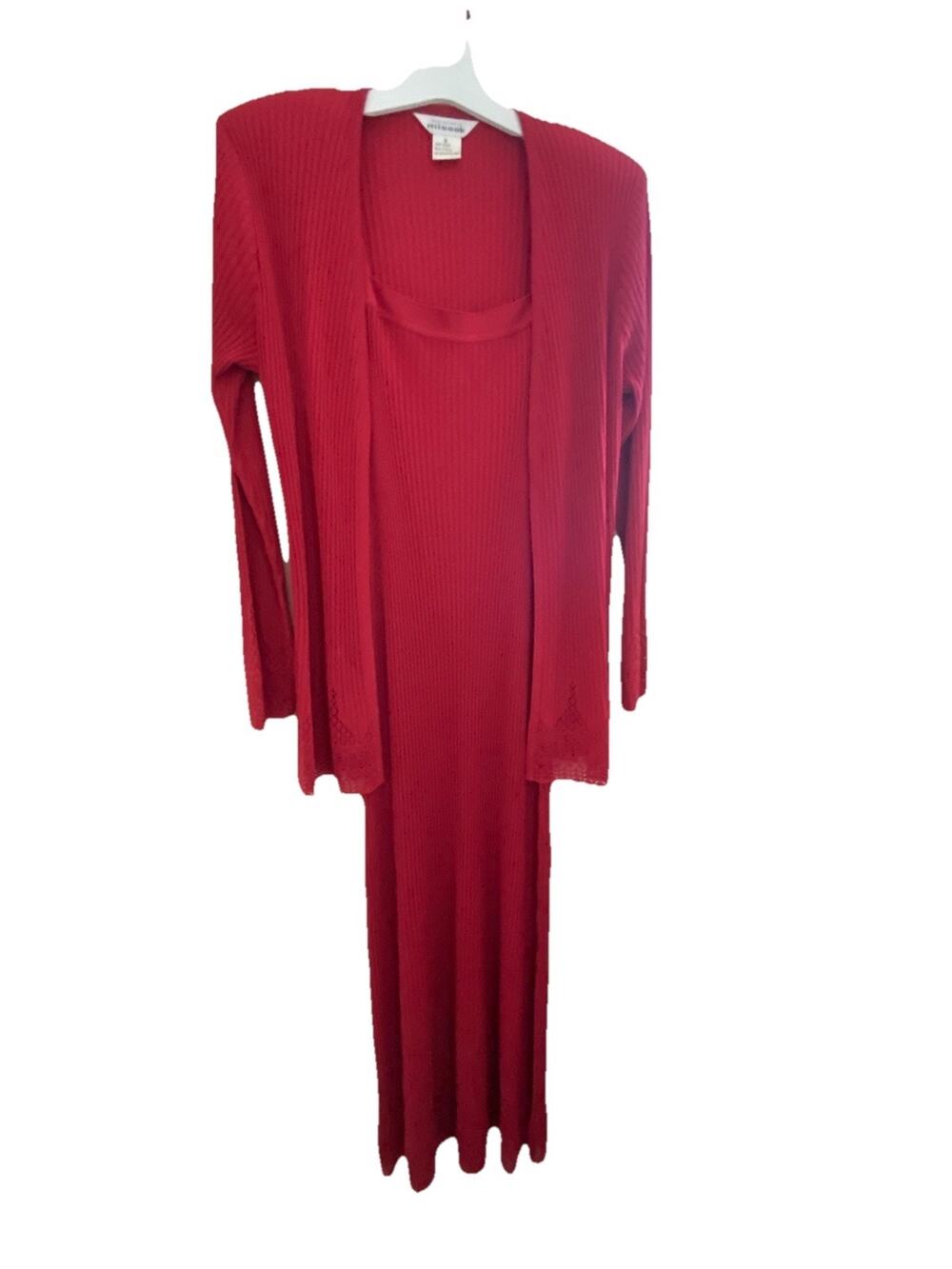 Misook Womens 2PC Red Dress Ribbed Long Line Cardigan Knit